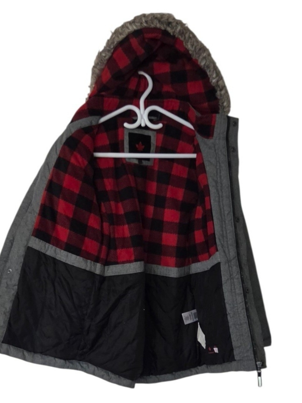Youths Gray Hooded Puffer Coat with Faux Fur Trim - Picture 3 of 7